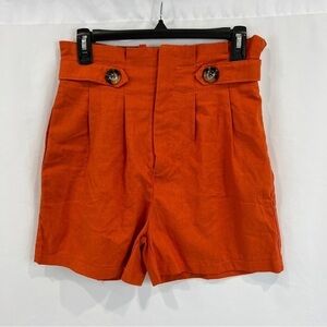 Burnt Orange Paper Bag High Waisted Cotton Linen Blend Shorts
